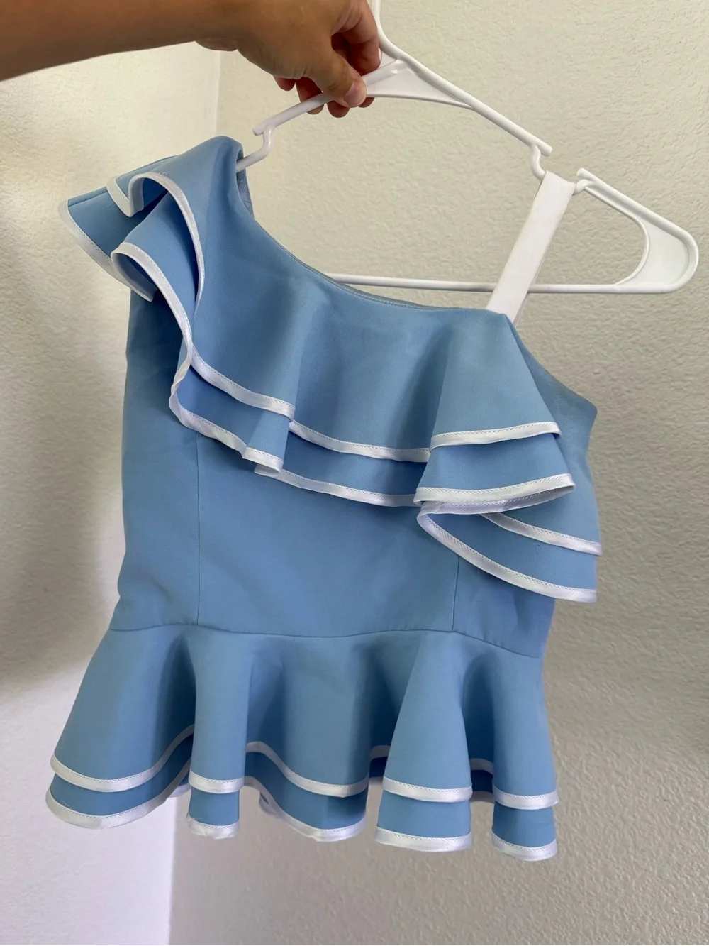 One-Shoulder Light Blue Ruffle Peplum Top